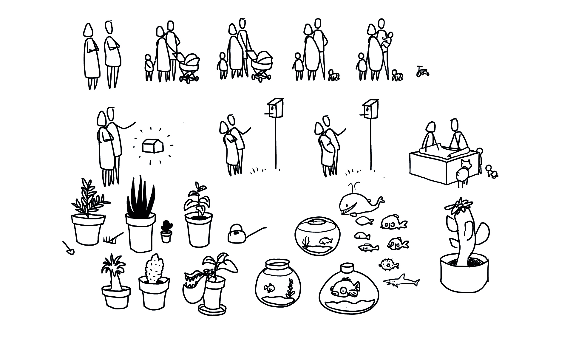 Illustrationen von Menschen, Pflanzen und Fischen in Varianten